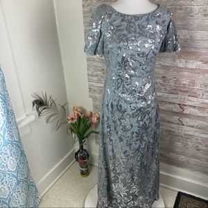 Alex Evening Silver Beaded Floral Dress Size 6